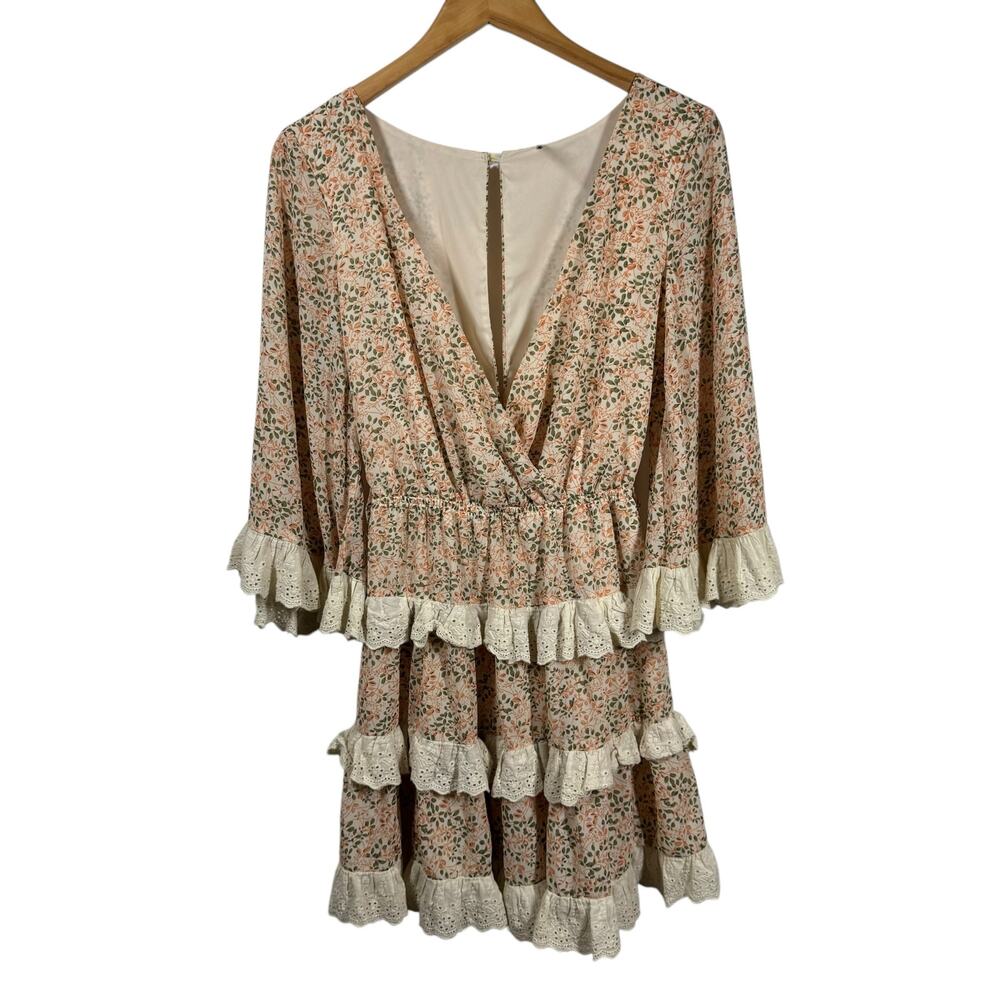 Indikah by Angel Biba Women S Tiered Ruffle Boho Mini Dress Floral Lace Peach